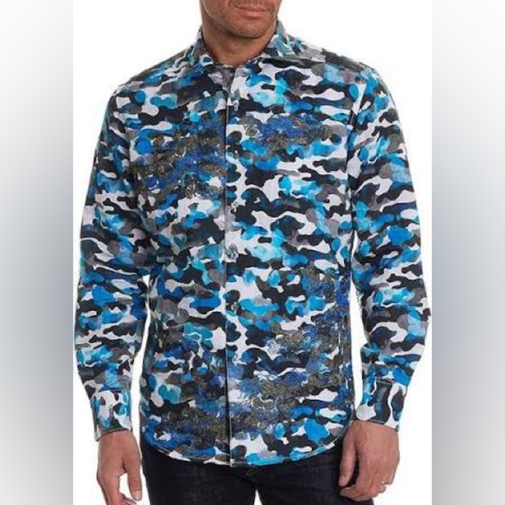 Robert Graham Blue and Black Camouflage Button Down Shirt